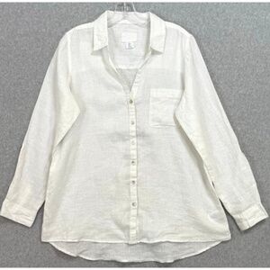 Sigrid Olsen 100% Linen White Long Sleeve Roll Tab Size LARGE